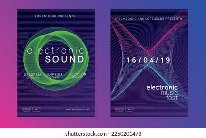 Afiche electrónico. Forma dinámica de fluido y línea. Pancarta de moda en discoteca. Afiche electrónico neón. Dj de baile de Electro. Festival de sonido musical. Volante para eventos de discoteca. Partido Techno.