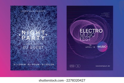 Electronic poster. Dynamic fluid shape and line. Wavy discotheque cover set. Neon electronic poster. Electro dance dj. Music sound fest. Night club event flyer. Techno party.