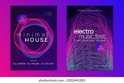 Electronic poster. Dynamic fluid shape and line. Creative discotheque invitation set. Neon electronic poster. Electro dance dj. Music sound fest. Night club event flyer. Techno party.