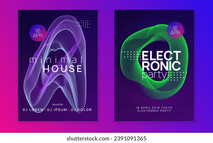 Electronic poster. Dynamic fluid shape and line. Wavy show invitation set. Neon electronic poster. Electro dance dj. Music sound fest. Night club event flyer. Techno party.