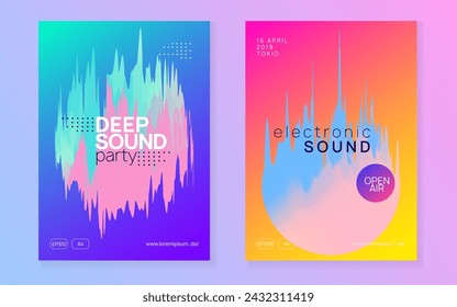 Electronic Poster. Electro And Carnival Template. Bright Glitch For Presentation. Elegant Pattern For Brochure Vector. Wavy Disco Banner. Pink And Blue Electronic Poster