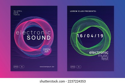 Electronic poster. Modern show invitation set. Dynamic fluid shape and line. Neon electronic poster. Electro dance dj. Music sound fest. Night club event flyer. Techno party.
