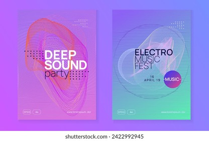 Electronic poster. Trendy concert cover set. Dynamic fluid shape and line. Neon electronic poster. Electro dance dj. Music sound fest. Night club event flyer. Techno party.