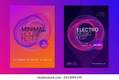 Electronic poster. Wavy concert banner set. Dynamic fluid shape and line. Neon electronic poster. Electro dance dj. Music sound fest. Night club event flyer. Techno party.