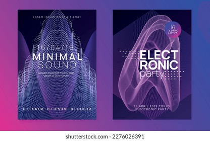 Electronic poster. Wavy concert cover set. Dynamic fluid shape and line. Neon electronic poster. Electro dance dj. Music sound fest. Night club event flyer. Techno party.