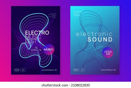 Electronic poster. Wavy show cover set. Dynamic fluid shape and line. Neon electronic poster. Electro dance dj. Music sound fest. Night club event flyer. Techno party.
