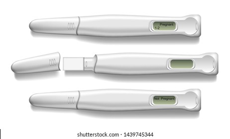 Electronic Pregnancy Test With Cap Set Vector. Medical Pregnancy Device For Anticipation Baby Birth. Positive Negative Result Information On Display. Mockup Realistic 3d Illustration