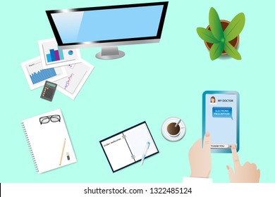 Electronic Prescription in Practice Concept Vector showing office desk with office equipment and person holding a smart phone with a prescription of medicines sent by the doctor using sms