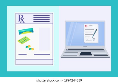 Receta electrónica rx. Firma digital en línea de un documento médico. Formulario electrónico con medicamentos de farmacia en línea. Información sobre diagnóstico y tratamiento con medicamentos recetados. Vector 