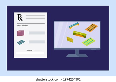 Electronic prescription rx. Online medical document. An electronic form with medicines in an online pharmacy. Information on diagnostics and therapy with prescription drugs. Vector illustration