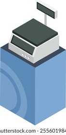 Electronic price computing scale featuring a customer display, positioned on a blue pedestal, weighing products and calculating prices in an isometric view, showcasing modern retail technology