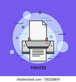 Impresora electrónica, dispositivo de hardware para la reproducción de documentos en papel o fotos. Concepto de impresión digital, de matriz de puntos y de inyección de tinta. Colorida ilustración vectorial para banner web, sitio web, publicidad.