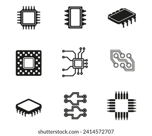 Electronic processors, microprocessor, circuit board, chipset icons vector illustration