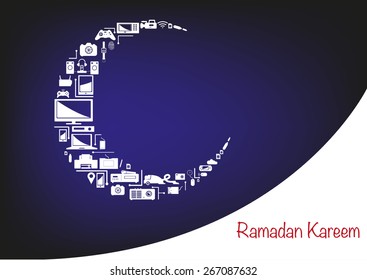 Electronic products forming an Islamic Crescent Moon. Promotional Store Sale layout artwork for Ramadan season. Editable EPS10 vector and jpg illustration.