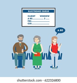 Electronic queue in bank. People sit in the queue and wait for their turn.