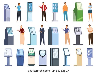 Electronic queue equipment icons set cartoon vector. Visitor ticket. Machine screen