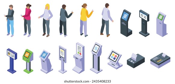 Electronic queue equipment icons set isometric vector. Visitor ticket. Machine digital screen