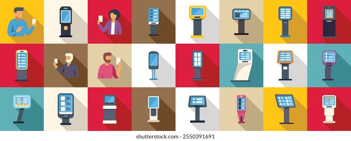 Conjunto de ícones eletrônicos do equipamento da fila. Quiosque de terminal interativo e sinalização digital mostrando informações e mapas, pessoas usando cartão de pagamento eletrônico