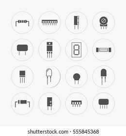 Electronic and radio components vector icon set in flat style