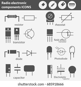 Electronic and radio components vector icon set in flat style