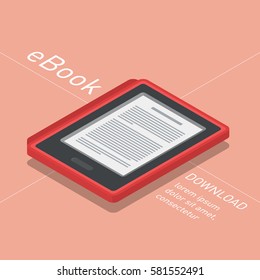 Electronic reader book with red leather cover. New 3d colorful icon. Mobile tablet device. Modern gadget. Isometric flat badge. Education symbol logo. Illustration vector art.