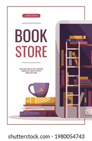  Electronic reader with bookcase on the screen. Bookstore, bookshop, e-book, library, education concept. A4 vector illustration for poster, banner, flyer, advertising.