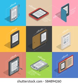 Electronic reader books set infographic. New 3d colorful icon. Mobile tablet device. Modern gadget. Isometric flat badges for infographic. Education symbol logo. Illustration vector art.