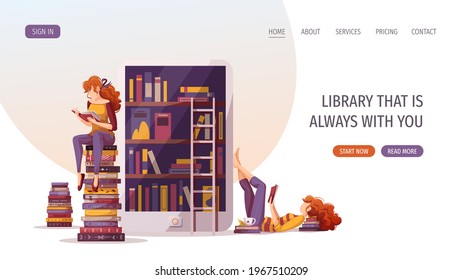 Electronic reader, reading women and stacks of books. Bookstore, book lover, e-book, education concept. Vector illustration for poster, banner, advertising, website.