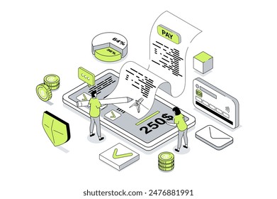 Electronic receipt 3d isometric concept in outline isometry design for web. People receiving digital form of invoice for checkout, paying bills online with credit card in app. Vector illustration.