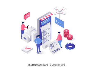 Electronic receipt 3d isometric concept in geometry graphic design for web. People making purchases or ordering services, receiving digital form of invoice for checkout in app. Vector illustration.