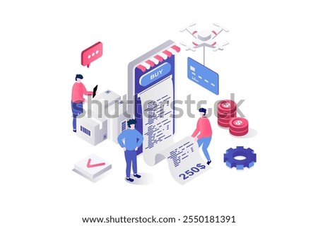 Electronic receipt 3d isometric concept in geometry graphic design for web. People making purchases or ordering services, receiving digital form of invoice for checkout in app. Vector illustration.