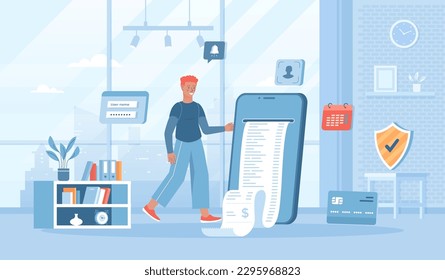 Electronic receipt. Banking services and transactions. Online invoice payment, mobile app. Flat cartoon vector illustration with people characters for banner, website design or landing web page