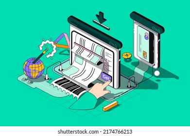 Electronic receipt concept 3d isometric outline web design. Banking services, invoice pay using credit card, financial transactions. Vector web illustration with abstract line people composition