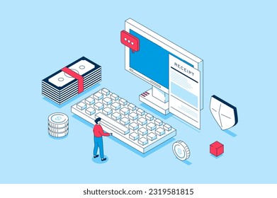 Elektronisches Empfangskonzept in 3D-isometrischem Design. Personen, die eine digitale Rechnungsstellung erhalten und mit Online-Banking per Scheck oder Steuern zahlen. Vektorgrafik mit Isometrie-Szene für Web-Grafik