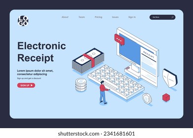 Elektronisches Empfangskonzept in 3D isometrischem Design für Landing Page Template. Personen, die eine digitale Form der Rechnung oder des Schecks bezahlen, die Steuervergütung über das Online-Banking verarbeiten. Vektorgrafik für Web