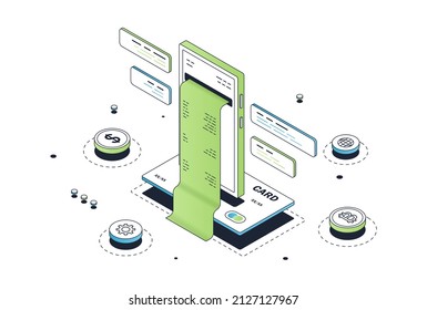 Electronic receipt concept. Checks, information about incoming and outgoing money. Accounts, financial literacy, accounting of income and expenses, digital world. Cartoon flat vector illustration