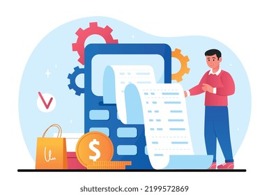 Concepto de recepción electrónica. El hombre recibe cheques después de comprar en la tienda. Alfabetización financiera, tecnologías modernas, entrega de bienes a domicilio. Billetera electrónica y banca. Dibujo vectorial plano de dibujos animados