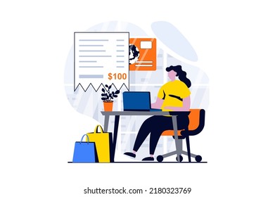 Concepto de recepción electrónica con la escena de personas en diseño de caricaturas planas. Mujer haciendo compras en línea, ordenando artículos y pagando facturas en línea desde laptop en casa. Historia visual de ilustración de vector para web