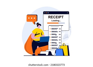 Electronic receipt concept with people scene in flat cartoon design. Woman pays bills with credit cards and receives digital receipt. Online banking services. Vector illustration visual story for web
