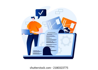 Electronic receipt concept with people scene in flat cartoon design. Man pays bills with credit cards and receives digital receipt. Banking and money transfer. Vector illustration visual story for web