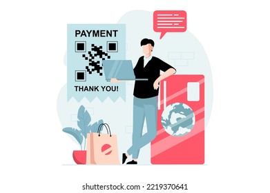 Concepto de recepción electrónica con escena de personas en diseño plano. Hombre haciendo compras en línea y recibiendo facturas, pagando desde laptop usando tarjeta de crédito. Ilustración de vector con situación de caracteres para web