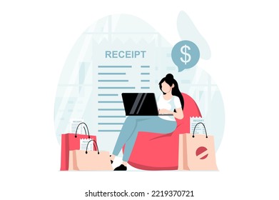 Electronic receipt concept with people scene in flat design. Woman making purchases in online shop, receives digital invoice and pays using laptop. Vector illustration with character situation for web