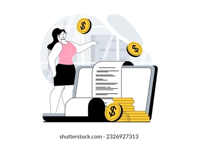 Electronic receipt concept with people scene in flat design for web. Woman making online payment and receiving check confirmation. Vector illustration for social media banner, marketing material.