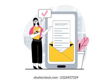 Electronic receipt concept with people scene in flat design for web. Woman making transactions with credit card and receiving check. Vector illustration for social media banner, marketing material.