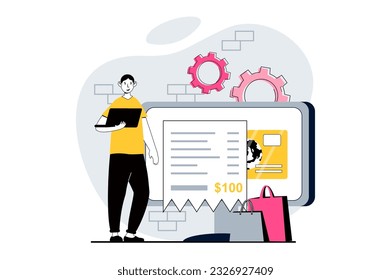 Concepto de recepción electrónica con escena de personas en diseño plano para web. Hombre haciendo compras en línea, ordenando y pagando cheques digitales. Ilustración vectorial para banner de medios sociales, material de marketing.