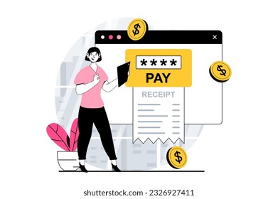 Electronic receipt concept with people scene in flat design for web. Woman receiving digital check at webpage and making online pay. Vector illustration for social media banner, marketing material.