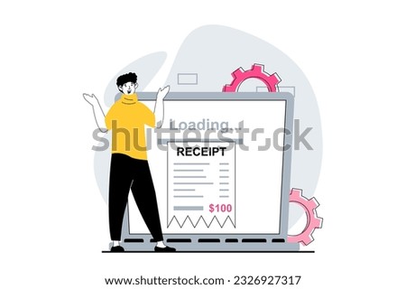 Electronic receipt concept with people scene in flat design for web. Man receiving digital check at laptop screen and paying online. Vector illustration for social media banner, marketing material.