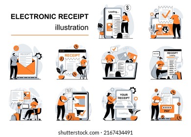 Electronic receipt concept with people scenes set in flat design. Women and men pay invoice online, using banking services and transactions. Vector illustration visual stories collection for web