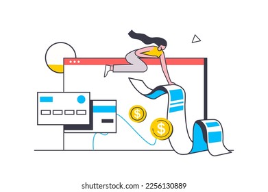 Electronic receipt flat line concept. Woman receiving digital invoice and paying bill online using credit card and bank account website. Vector illustration with outline people scene for web design