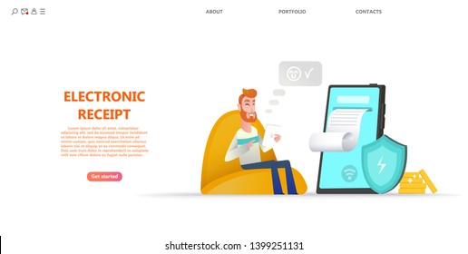 Electronic receipt or invoice in cartoon vector illustration.Business landing page template website or webpage. Cartoon character man and big screen smartphone tax form or receipt  - vector